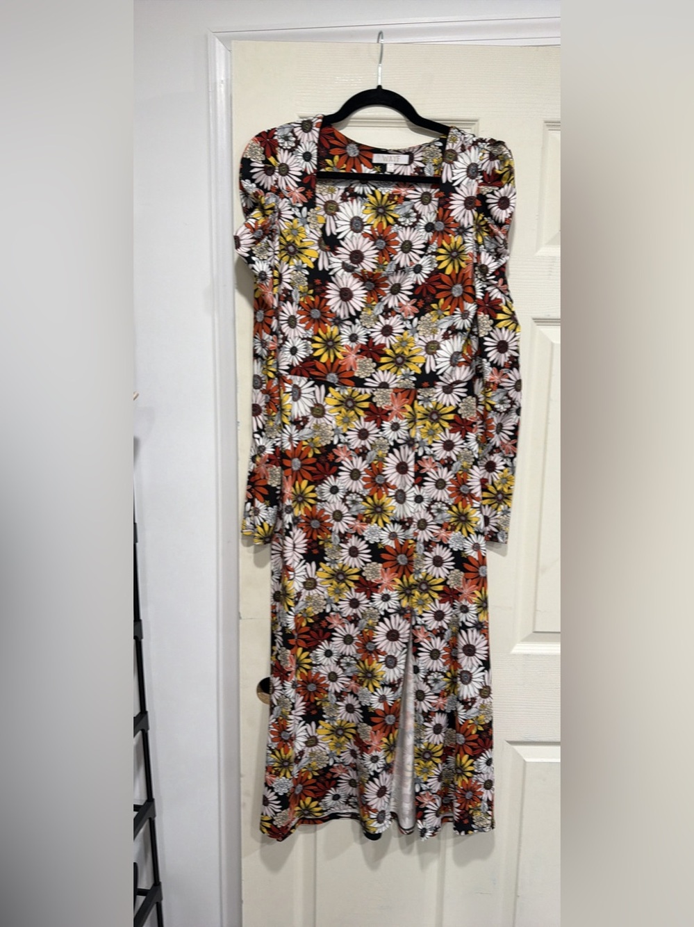 Wayf Black Floral Midi Dress with Yellow & Rust Blooms